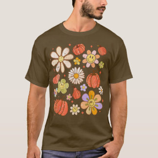 Retro Groovy Happy Fall Pumpkins Flowers Cozy Seas T-Shirt
