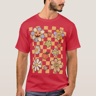 Retro Groovy Happy Halloween Hippie Pumpkin Floral T-Shirt