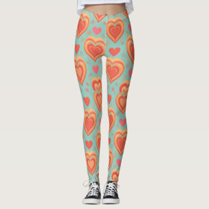 Retro Groovy Hearts 70s Valentine Love Coral Mint Leggings
