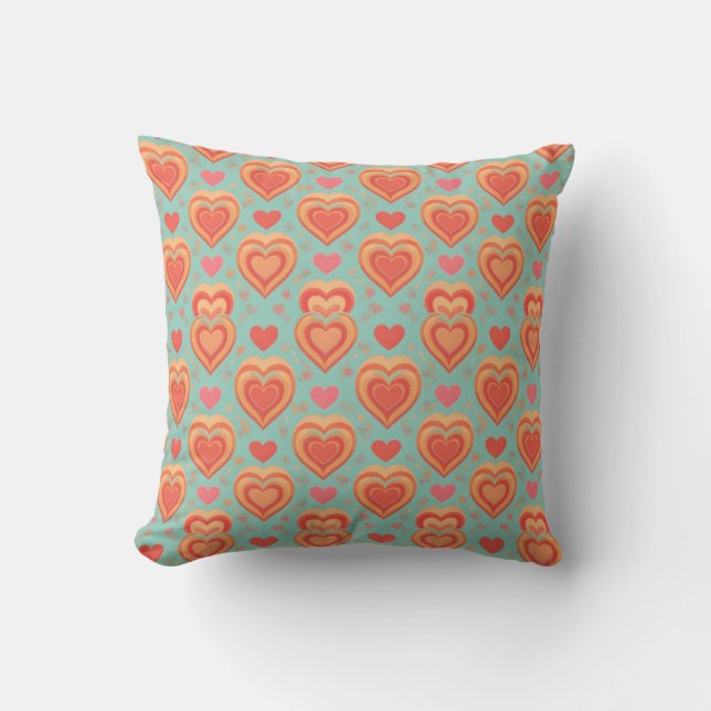  Retro Groovy Hearts 70s Valentine Love Coral Mint Throw Pillow (Front)