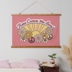 Retro Groovy Here Comes the Sun Vintage Graphic Hanging Tapestry