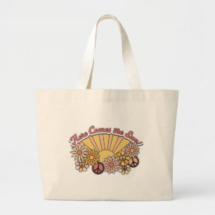 Retro Groovy Here Comes the Sun Vintage Graphic Large Tote Bag