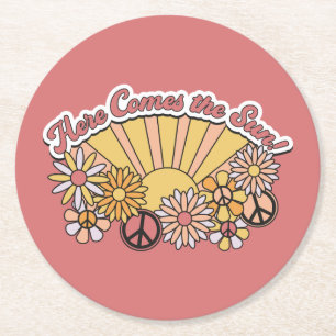 Retro Groovy   Here Comes the Sun Vintage Graphic Round Paper Coaster