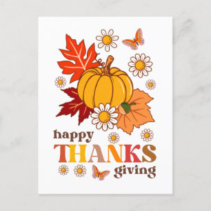 Retro Groovy Hippie Daisy Pumpkin Thanksgiving Postcard