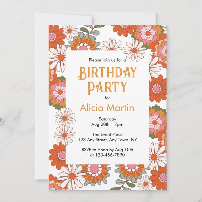 Retro Groovy Hippie Flora & Leaf Colourful Birthda Invitation (Front)