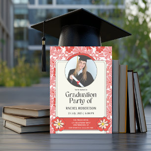 Retro Groovy Hippie Floral Photo Graduation Invitation