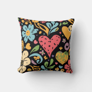 Retro Groovy Hippie Flowers and Hearts Throw Pillow