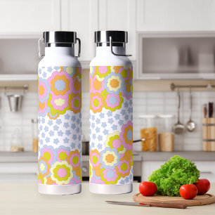 Retro Groovy Hippie Flowers and Stars Water Bottle