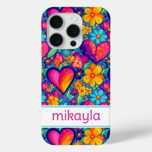 Retro Groovy Hippie Flowers Hearts Personalized iPhone 15 Pro Case