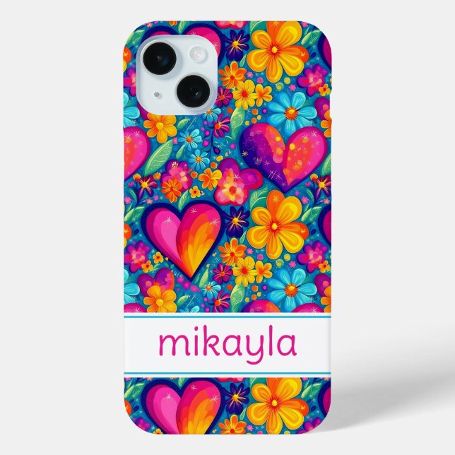 Retro Groovy Hippie Flowers Hearts Personalized Case-Mate iPhone Case (Back)