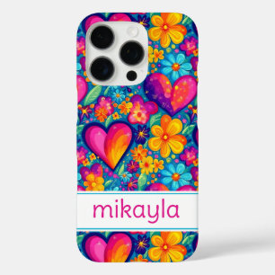 Retro Groovy Hippie Flowers Hearts Personalized iPhone 16 Pro Case
