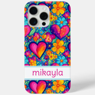 Retro Groovy Hippie Flowers Hearts Personalized iPhone 15 Pro Max Case