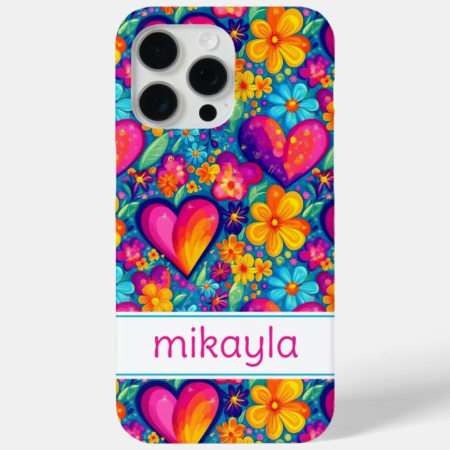 Retro Groovy Hippie Flowers Hearts Personalized Case-Mate iPhone Case (Back)