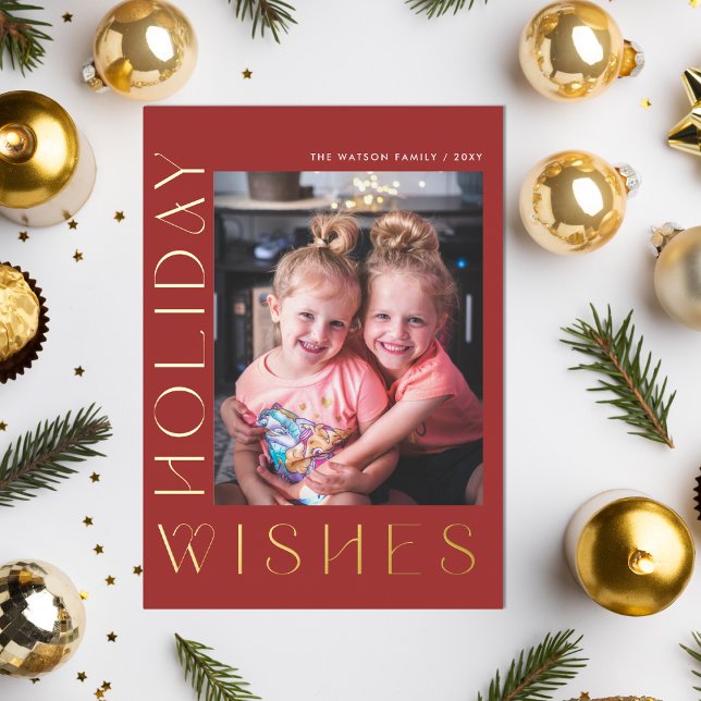 Retro Groovy Holidays Wishes Typography Photo Foil Holiday Postcard (Retro Groovy Wishes Typography Photo Foil Holiday PostCard)