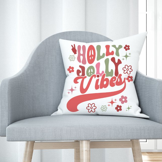 Retro Groovy Holly Jolly Vibes Holiday Photo Throw Pillow (Retro Groovy Holly Jolly Vibes Holiday Photo Throw Pillow)