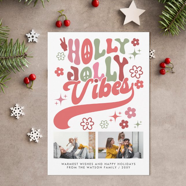 Retro Groovy Holly Jolly Vibes Typography 2 Photo Holiday Card (Retro Groovy Holly Jolly Vibes Typography 2 Photo Holiday Card )