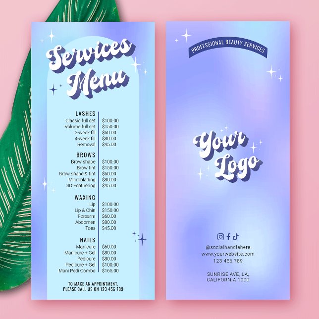 Retro Groovy Holographic Makeup Salon Price List Rack Card (Trendy retro style business price list design featuring blue & purple hues and groovy fonts)