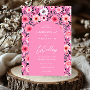 Retro groovy hot pink and white flowers invitation