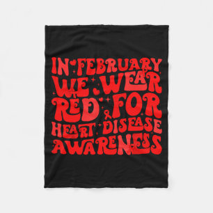 Retro Groovy In February We Wear Red Heart Disease Fleece Blanket