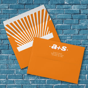 Retro groovy initials orange sunrays wedding envelope