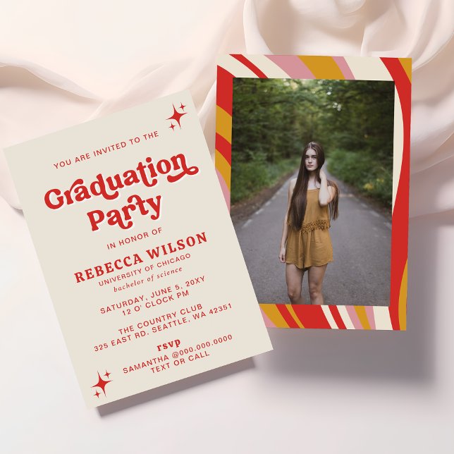 Retro Groovy Ivory Red 70s Graduation Party Photo Invitation (Retro Photo Graduation Invitation)