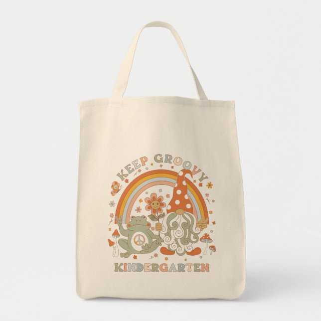 Retro Groovy Kindergarten Teacher Back to School Tote Bag (Front)
