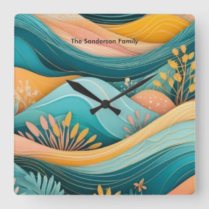 Retro Groovy Landscape Stylish Monogrammed Square Wall Clock