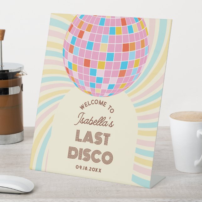 Retro Groovy Last Disco Bachelorette Party Welcome Pedestal Sign (In SItu)