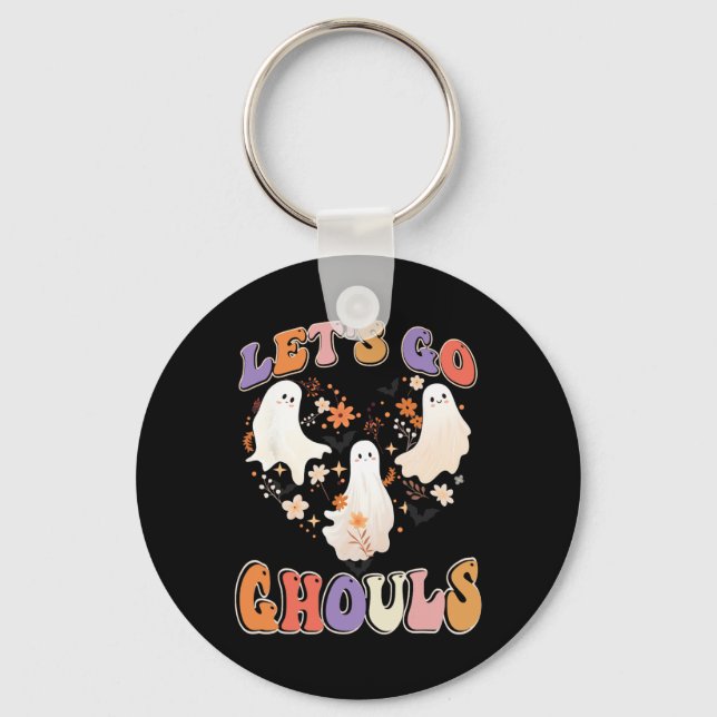 Retro Groovy Let's Go Ghouls Fun Halloween Couples Keychain (Front)