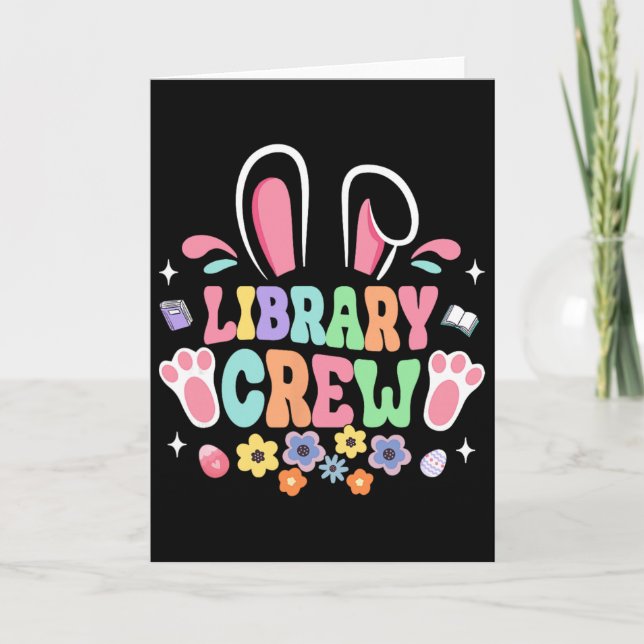 Retro Groovy Library Crew Librarian Bunny Ear Flow Card (Front)