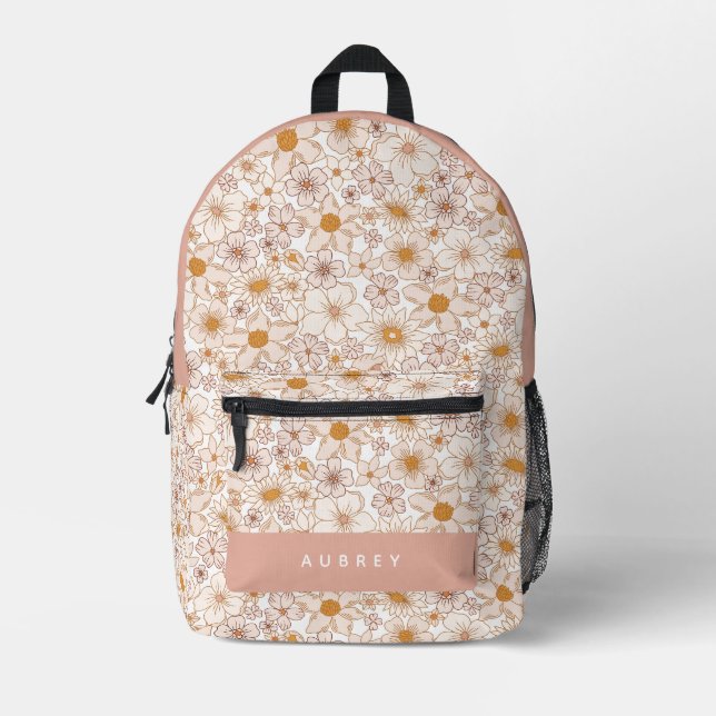 Retro Groovy Light Pink Floral Girl Printed Backpack (Front)