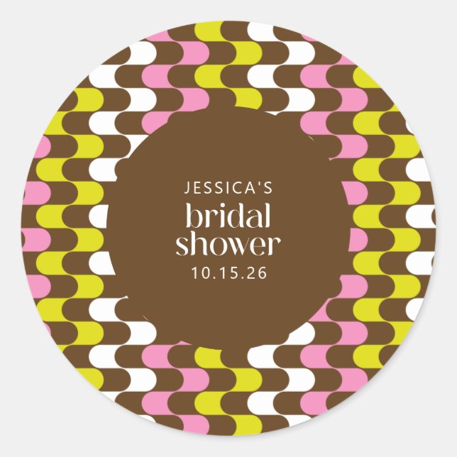 Retro Groovy Lime Pink and Brown Bridal Shower  Classic Round Sticker (Front)