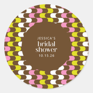 Retro Groovy Lime Pink and Brown Bridal Shower  Classic Round Sticker