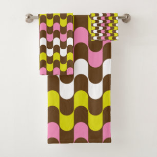 Retro Groovy Lime Pink Brown Abstract Art Pattern Bath Towel Set