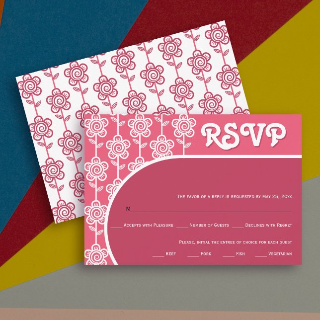 Retro groovy magenta and pink 70s wedding RSVP (Creator Uploaded)