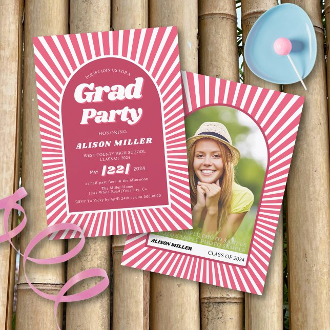 Retro groovy magenta pink sunrays 70s Graduation Invitation (Creator Uploaded)