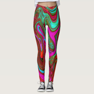 Retro Groovy Magenta, Red and Blue Abstract Art Leggings