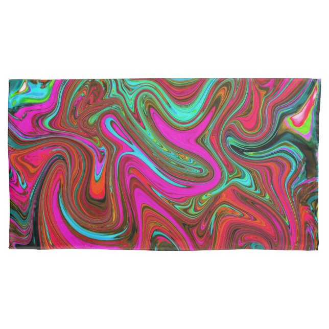 Retro Groovy Magenta, Red and Blue Abstract Art Pillowcase (Front-Left)