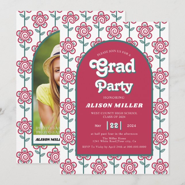 Retro groovy magenta, teal flowers 70s Graduation Invitation (Front/Back)
