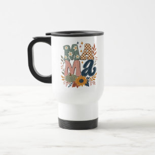 Retro Groovy Mama Fall Pumpkin Sunflower Graphic Travel Mug