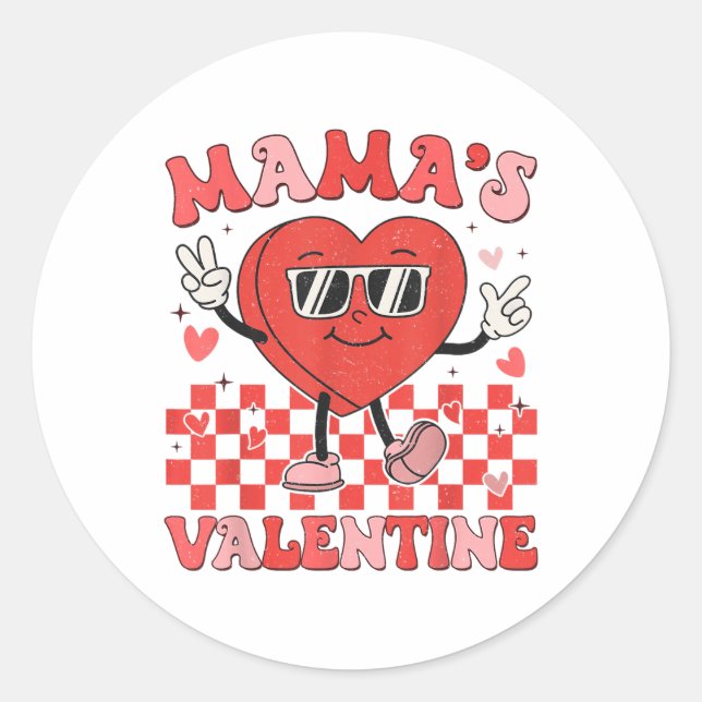 Retro Groovy Mama Is My Valentine Cute Heart Boys  Classic Round Sticker (Front)