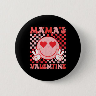 Retro Groovy Mama Is My Valentine Smile Face Boys  2 Inch Round Button