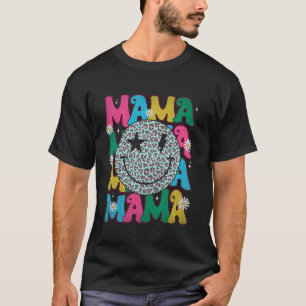 Retro Groovy Mama Leopard Smile Face Happy Mothers T-Shirt