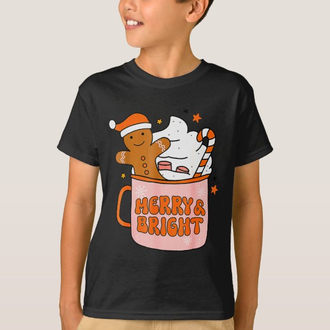 Retro Groovy Merry And Bright Gingerbread Christma T-Shirt (Front)