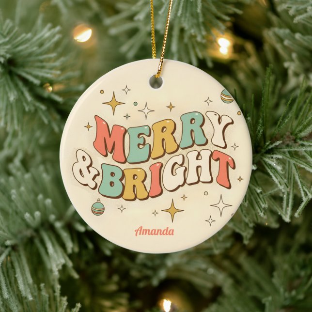 Retro Groovy Merry & Bright Christmas Ceramic Ornament (Tree)