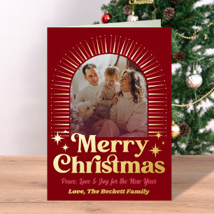 Retro Groovy Merry Christmas Photo Real Foil Holiday Card