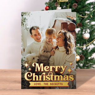 Retro Groovy Merry Christmas Photo Real Foil Holiday Card