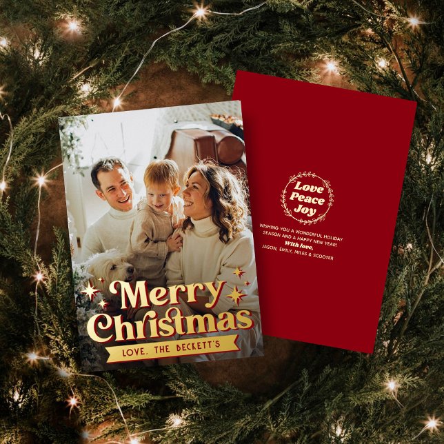 Retro Groovy Merry Christmas Photo Real Foil Holiday Card (Creator Uploaded)