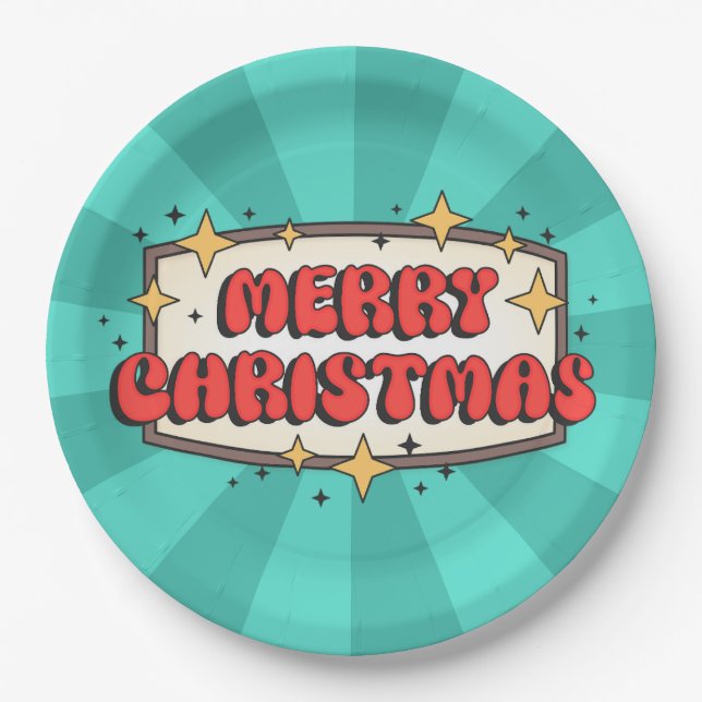 Retro groovy merry christmas text  paper plate (Front)