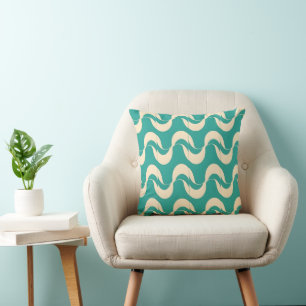 Retro Groovy Mid-Century Teal and Cream Throw Pillow